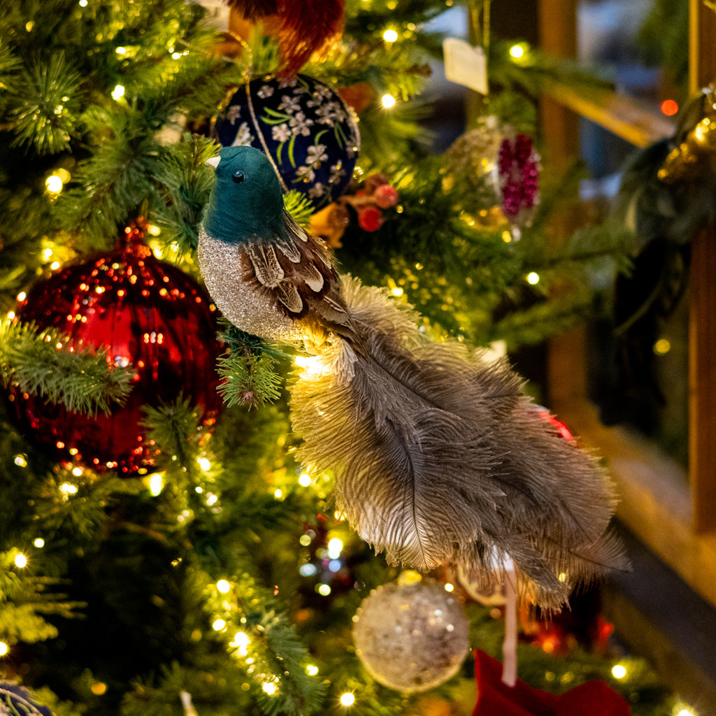 Feather Bird w/ Green Head Silver Glitter Body Ostrich Tail