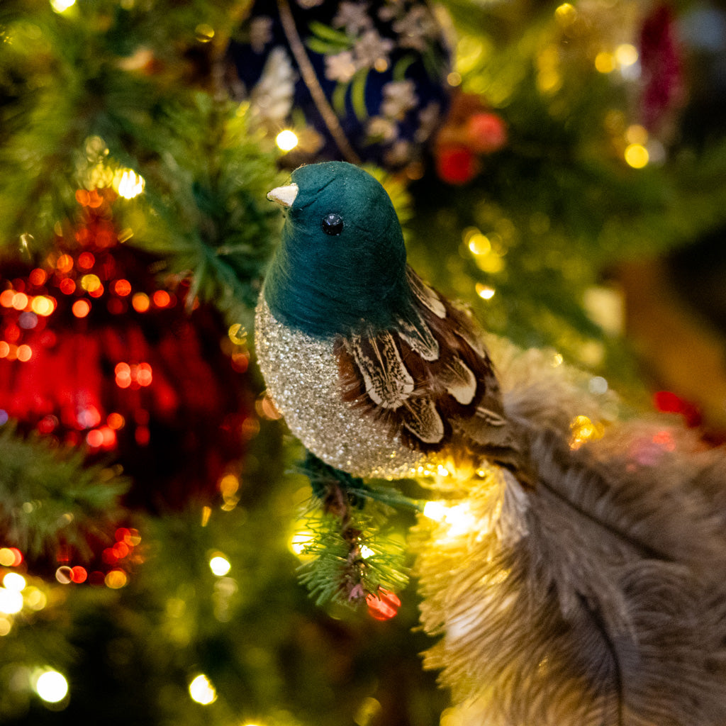Feather Bird w/ Green Head Silver Glitter Body Ostrich Tail