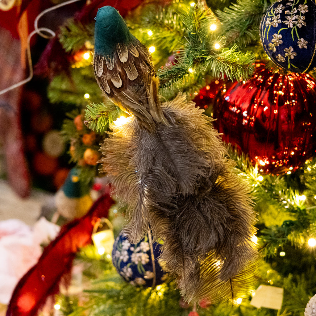 Feather Bird w/ Green Head Silver Glitter Body Ostrich Tail