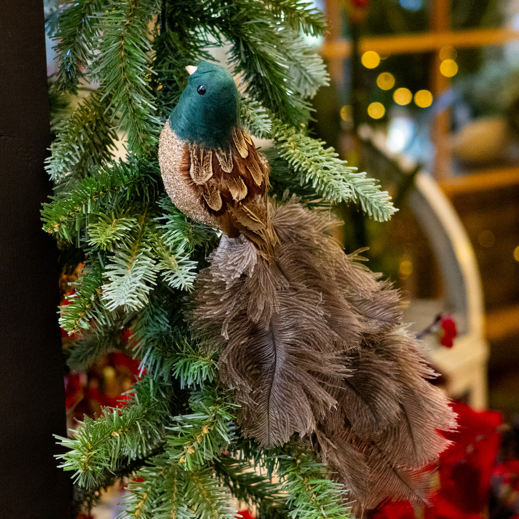 Feather Bird w/ Green Head Silver Glitter Body Ostrich Tail
