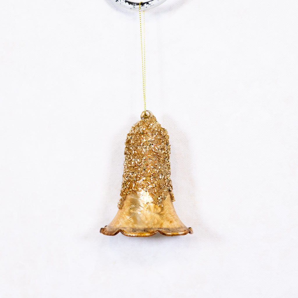 Glass Bell Ornament Gold Sparkle Caramel Rim