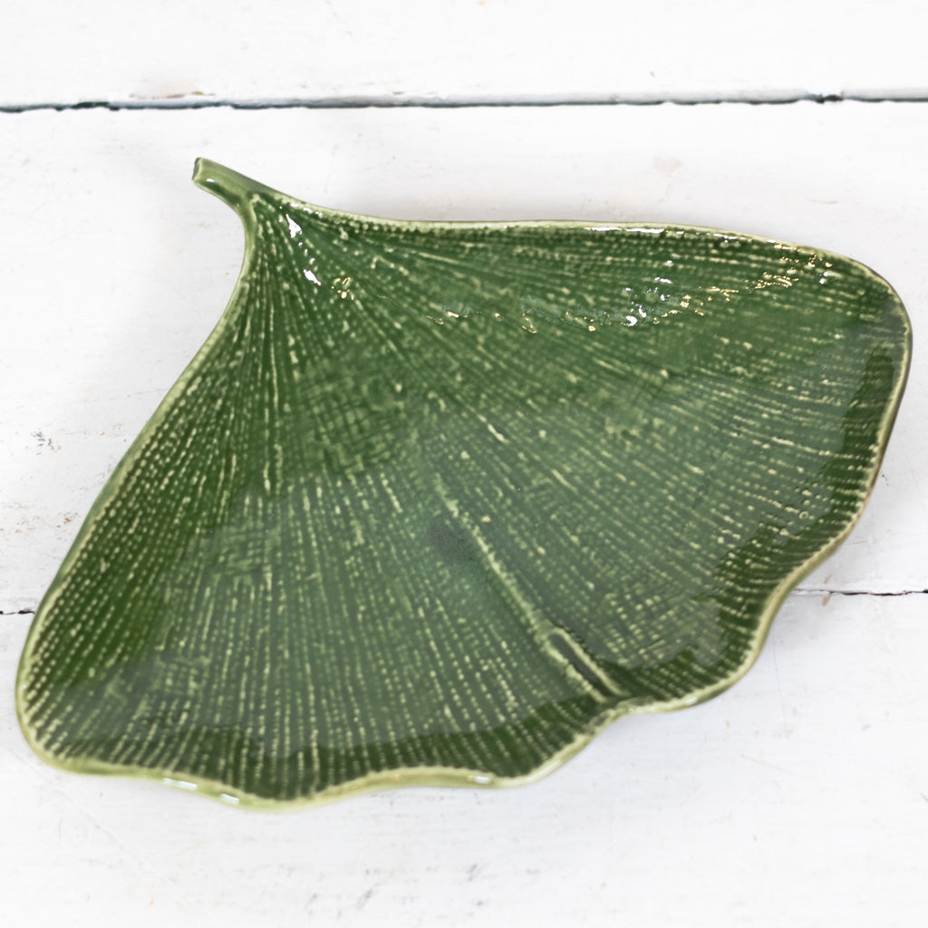 Debossed Stoneware Gingko Leaf Plate Green Large