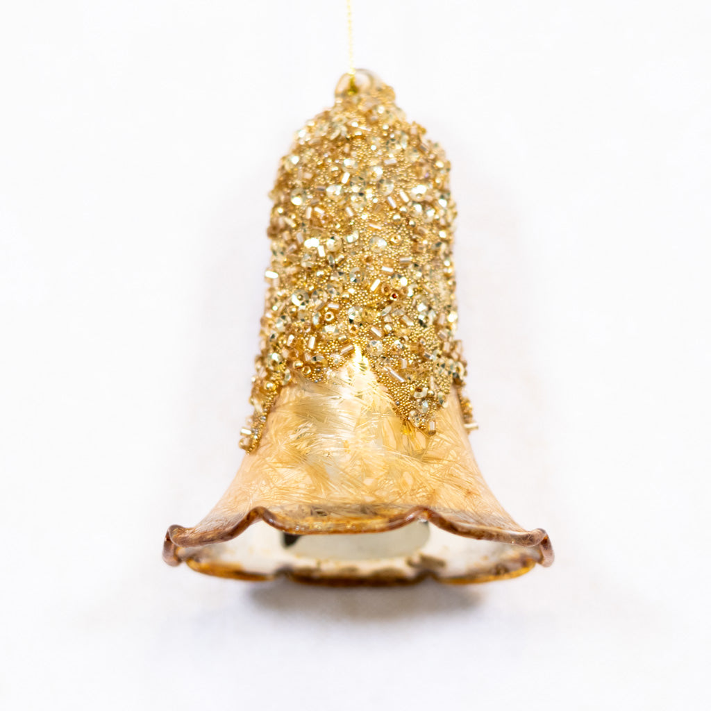 Glass Bell Ornament Gold Sparkle Caramel Rim