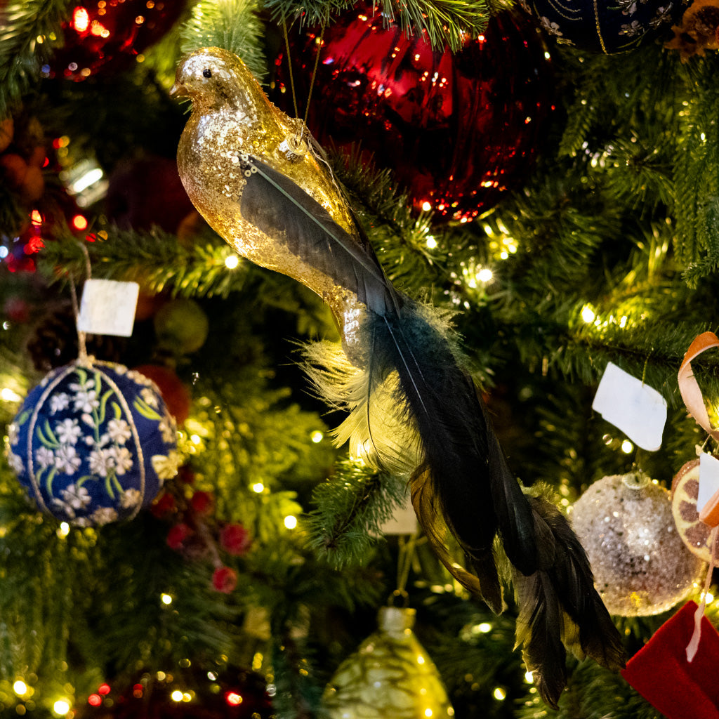 Tall Glass Gold Bird with Feather Tail