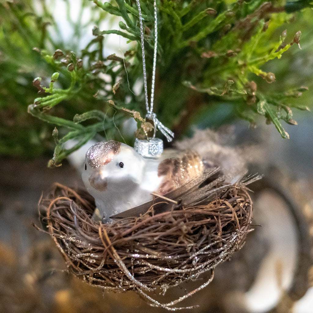 Mercury Glass Bird with Feather Ornament
