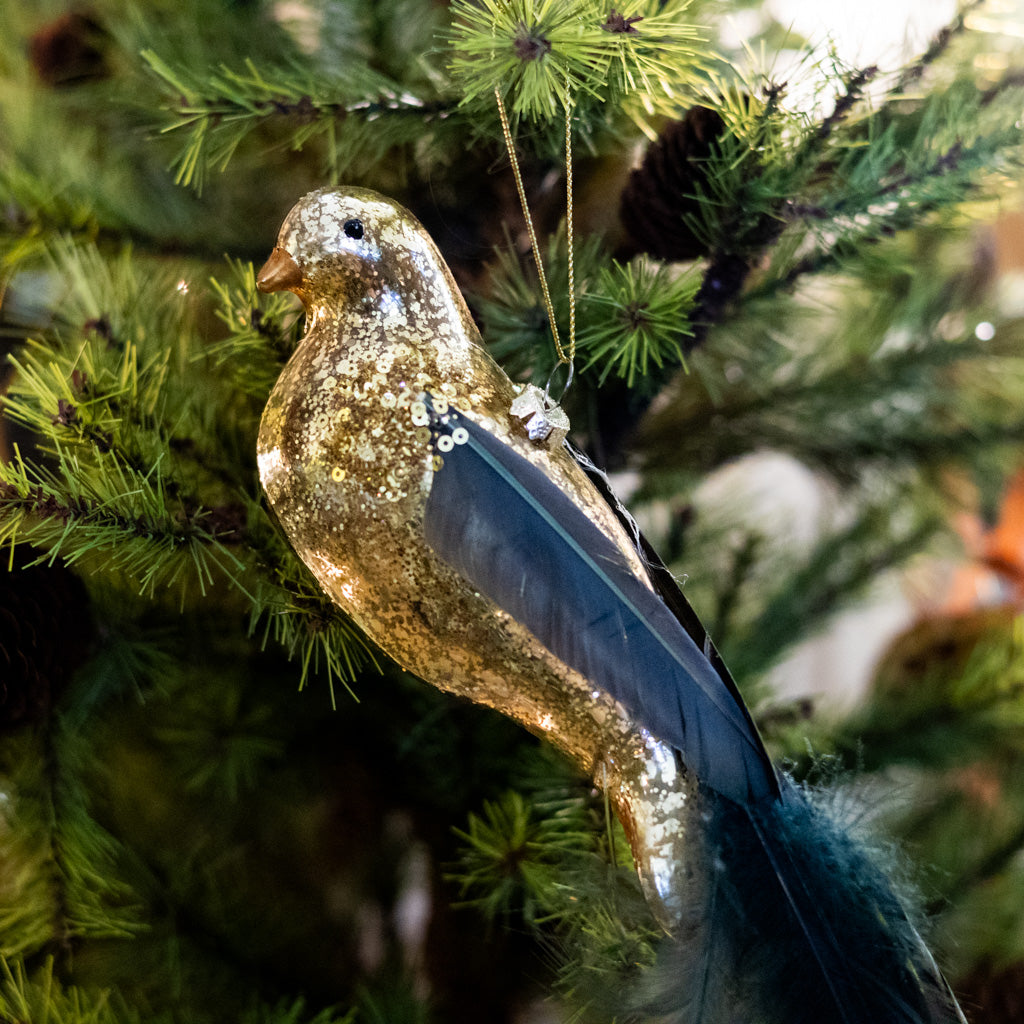 Tall Glass Gold Bird with Feather Tail