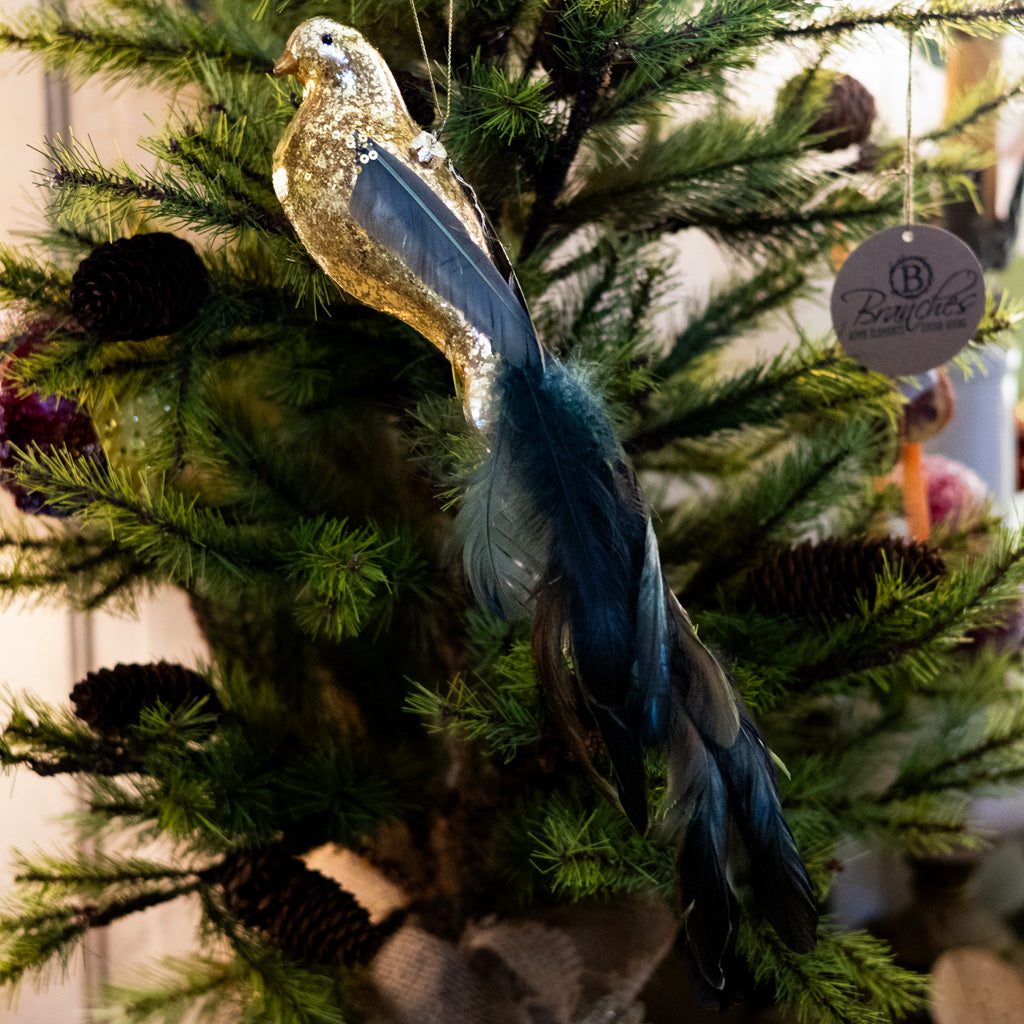 Tall Glass Gold Bird with Feather Tail