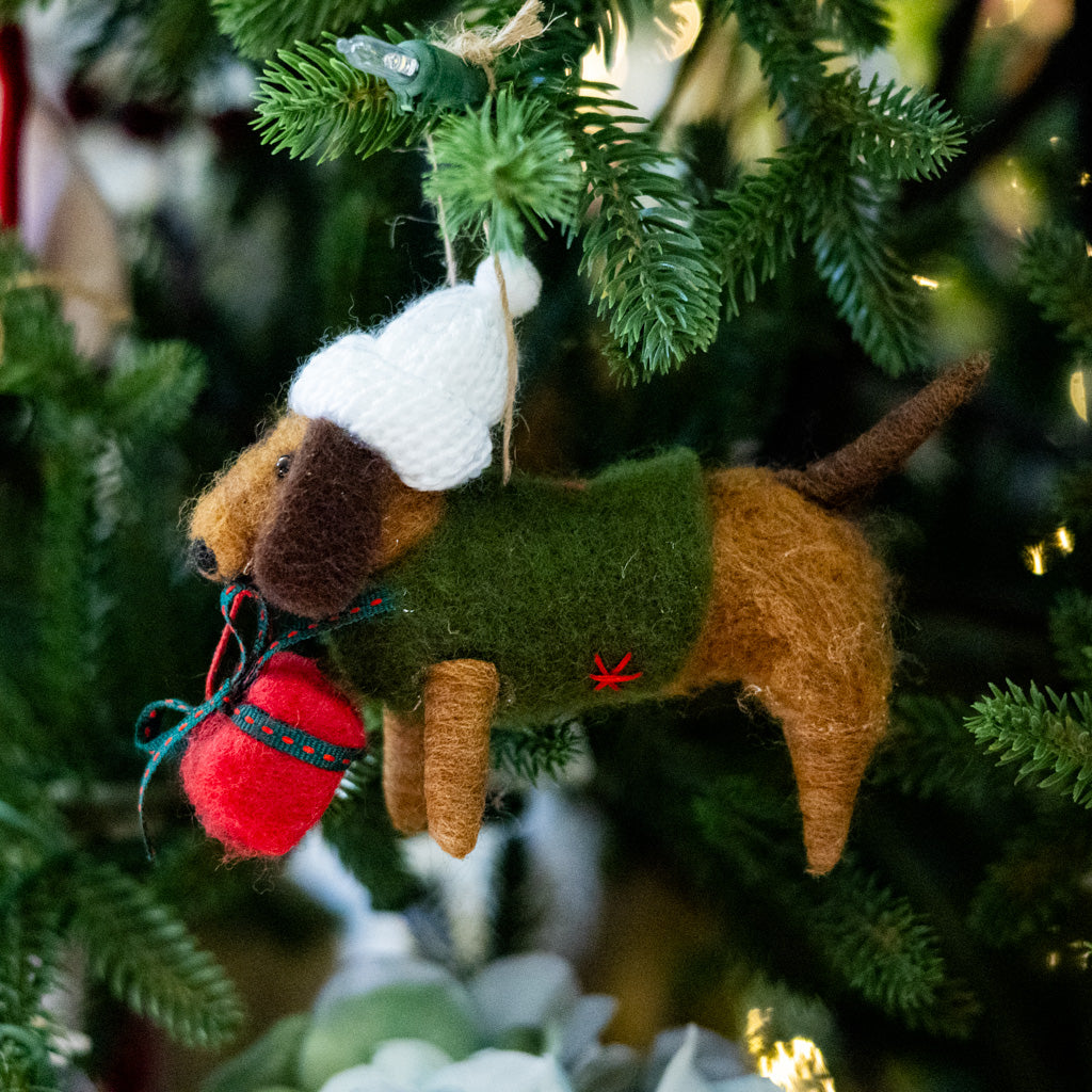 Felt Dachshund with White Hat, Green Jacket and Gift Ornament