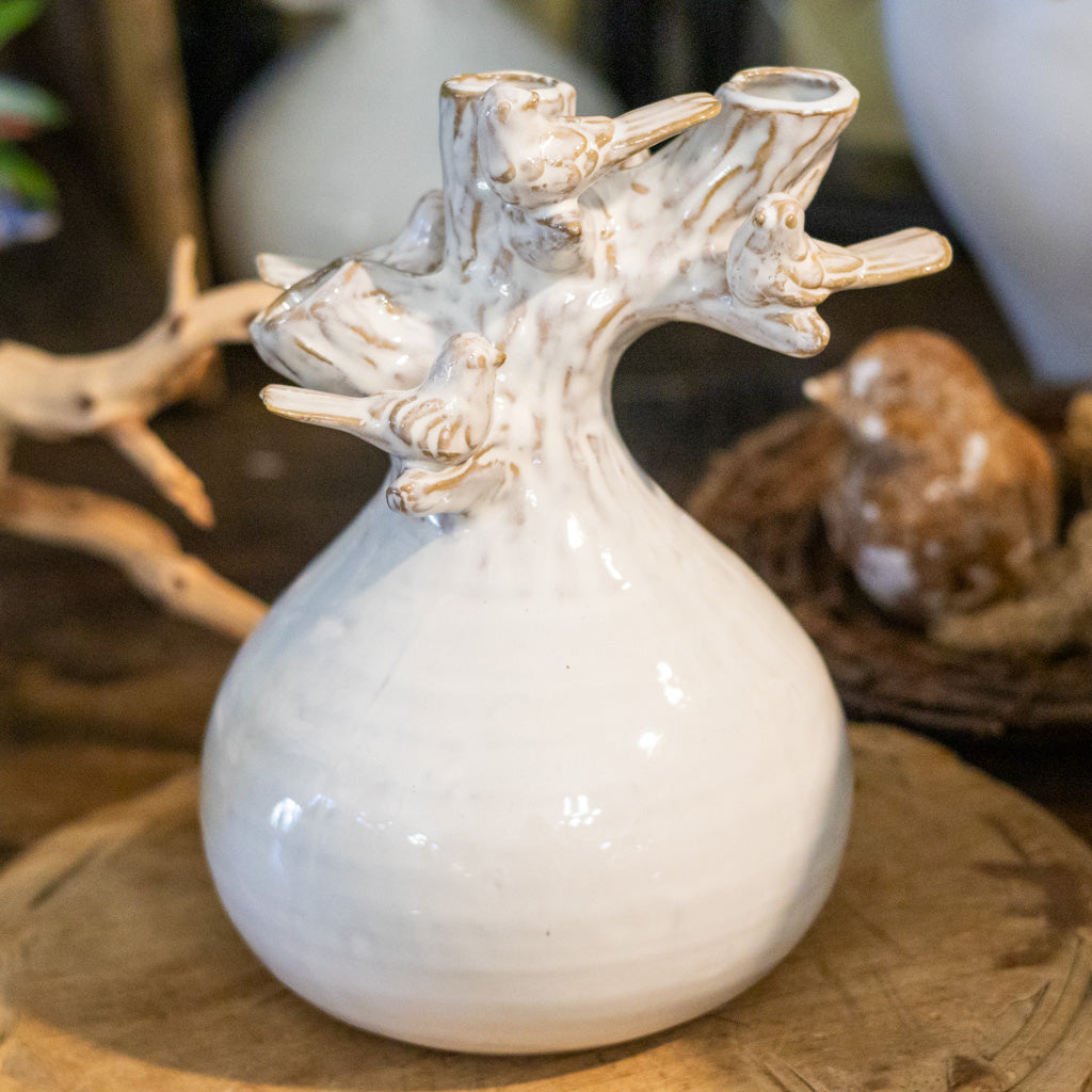 White Glazed Vase with Branch and Bird