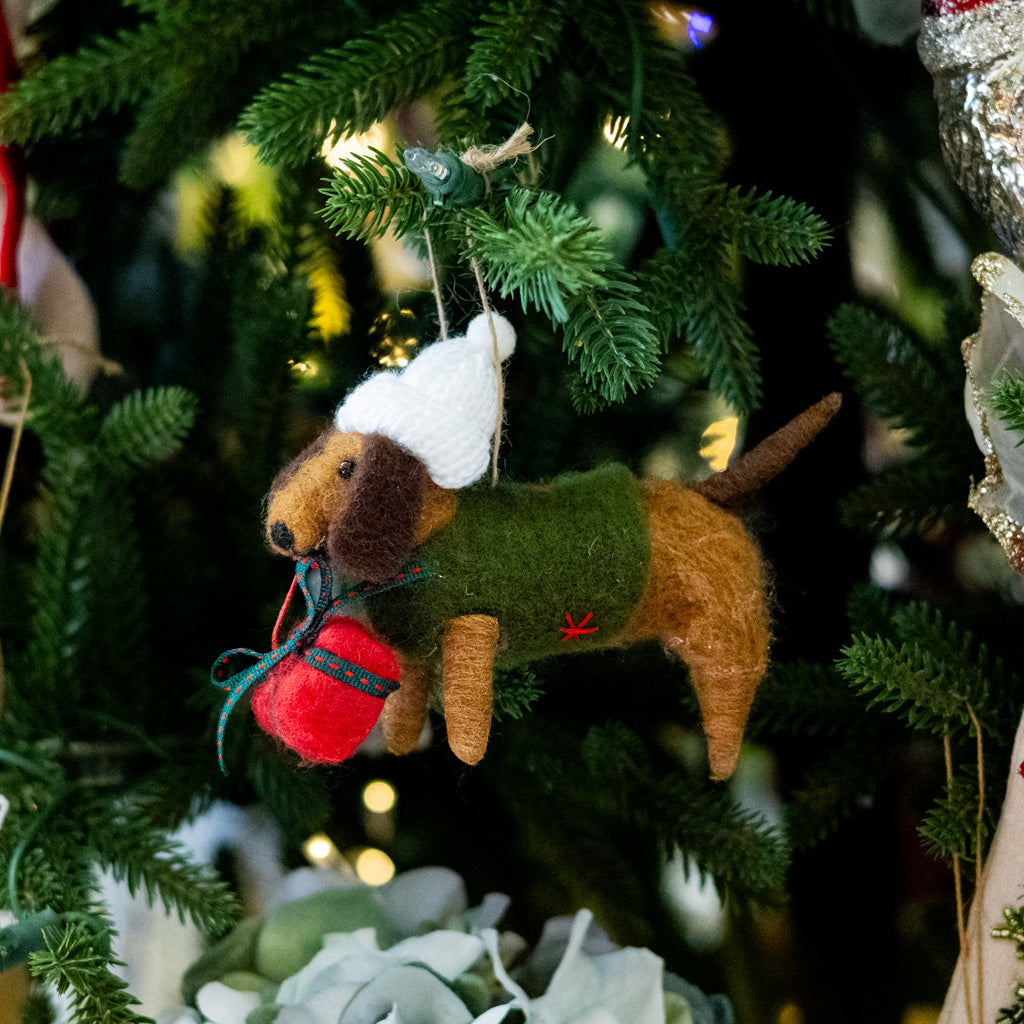 Felt Dachshund with White Hat, Green Jacket and Gift Ornament