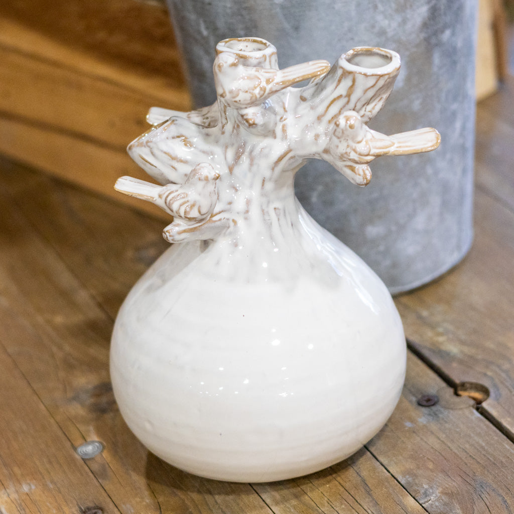 White Glazed Vase with Branch and Bird