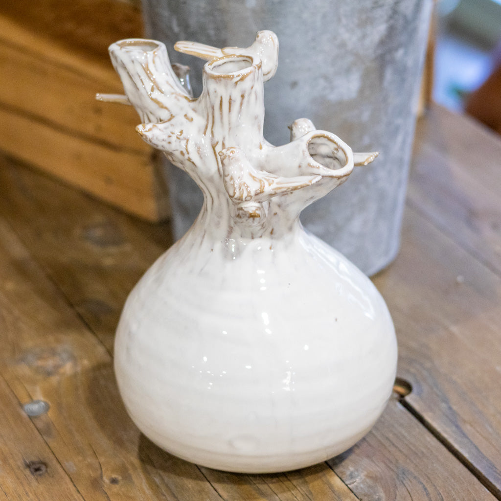 White Glazed Vase with Branch and Bird