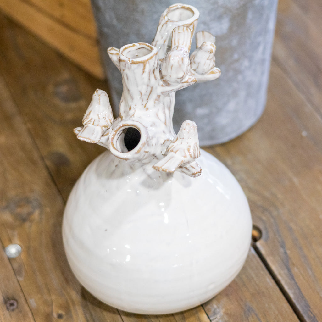 White Glazed Vase with Branch and Bird