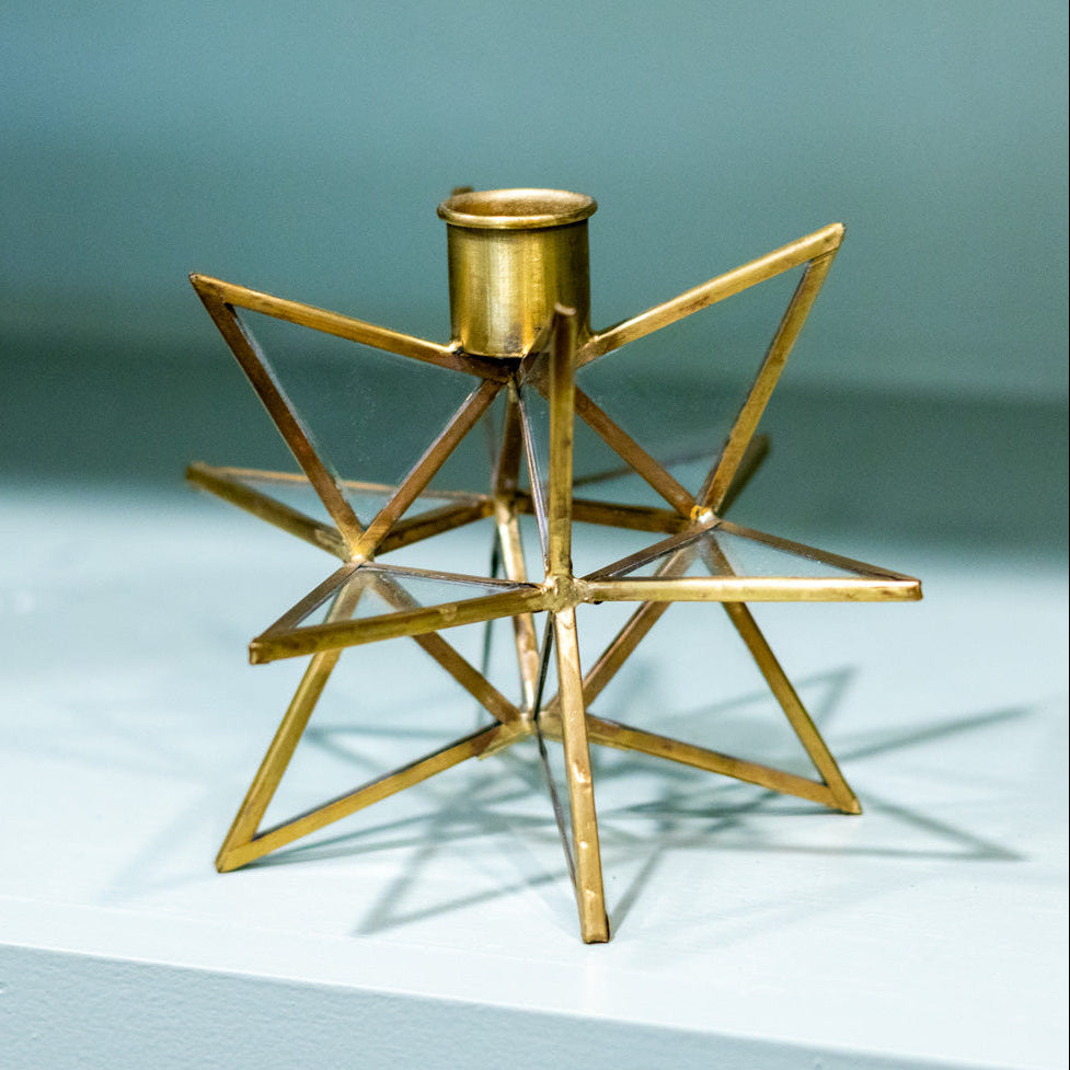 Tall 3-Dimensional Gold Metal and Glass Star Taper Candleholder