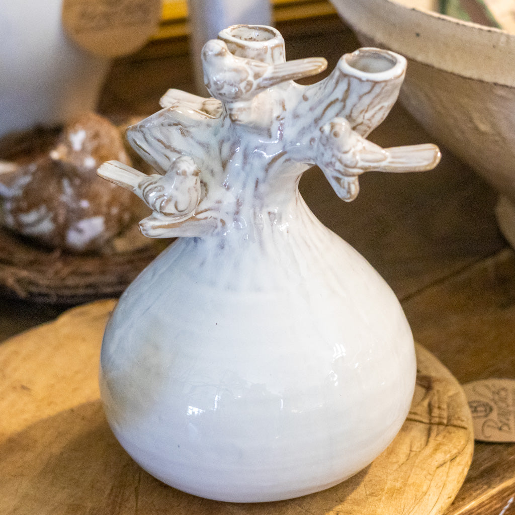 White Glazed Vase with Branch and Bird