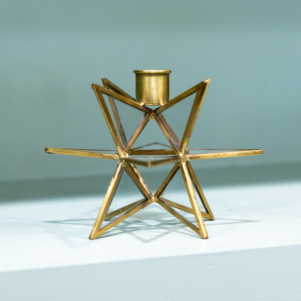 Tall 3-Dimensional Gold Metal and Glass Star Taper Candleholder