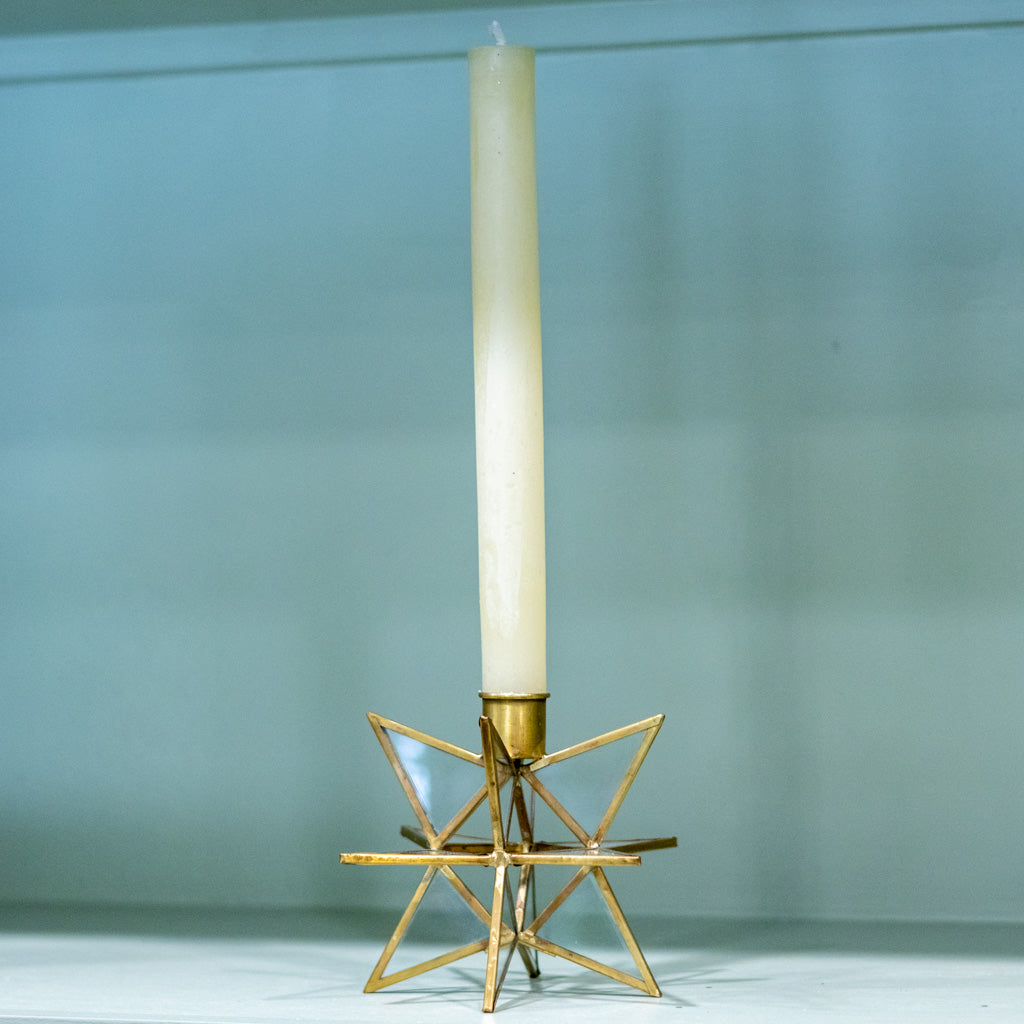 Tall 3-Dimensional Gold Metal and Glass Star Taper Candleholder