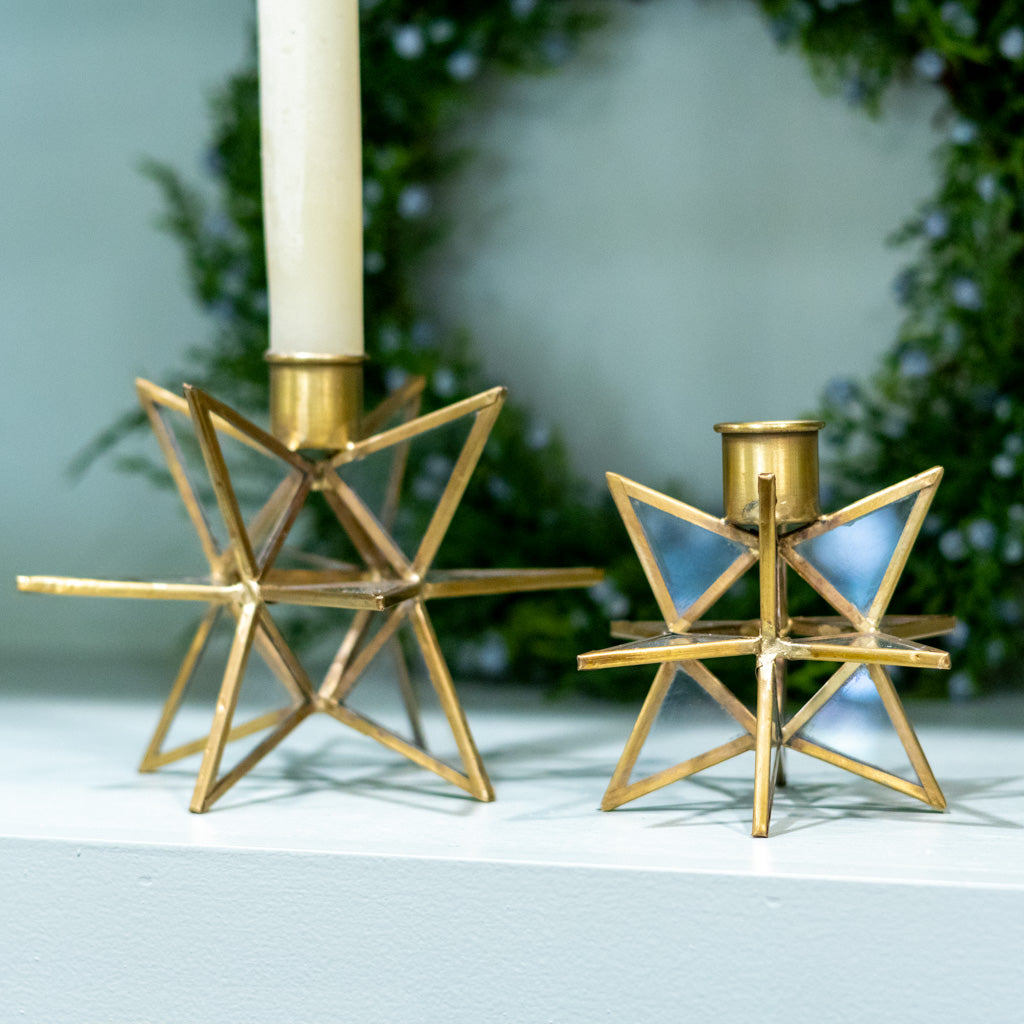 Short 3-Dimensional Gold Metal and Glass Star Taper Candleholder