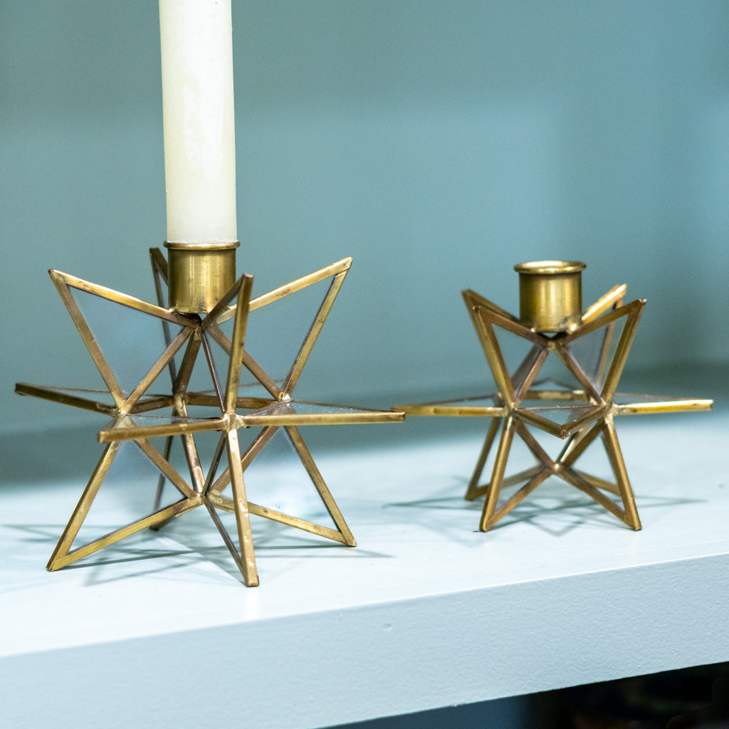 Tall 3-Dimensional Gold Metal and Glass Star Taper Candleholder