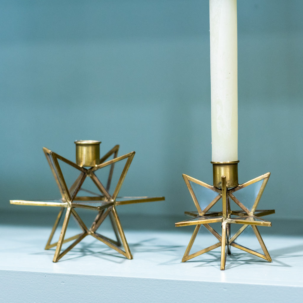 Short 3-Dimensional Gold Metal and Glass Star Taper Candleholder