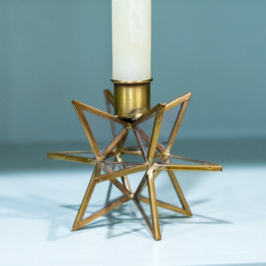 Short 3-Dimensional Gold Metal and Glass Star Taper Candleholder