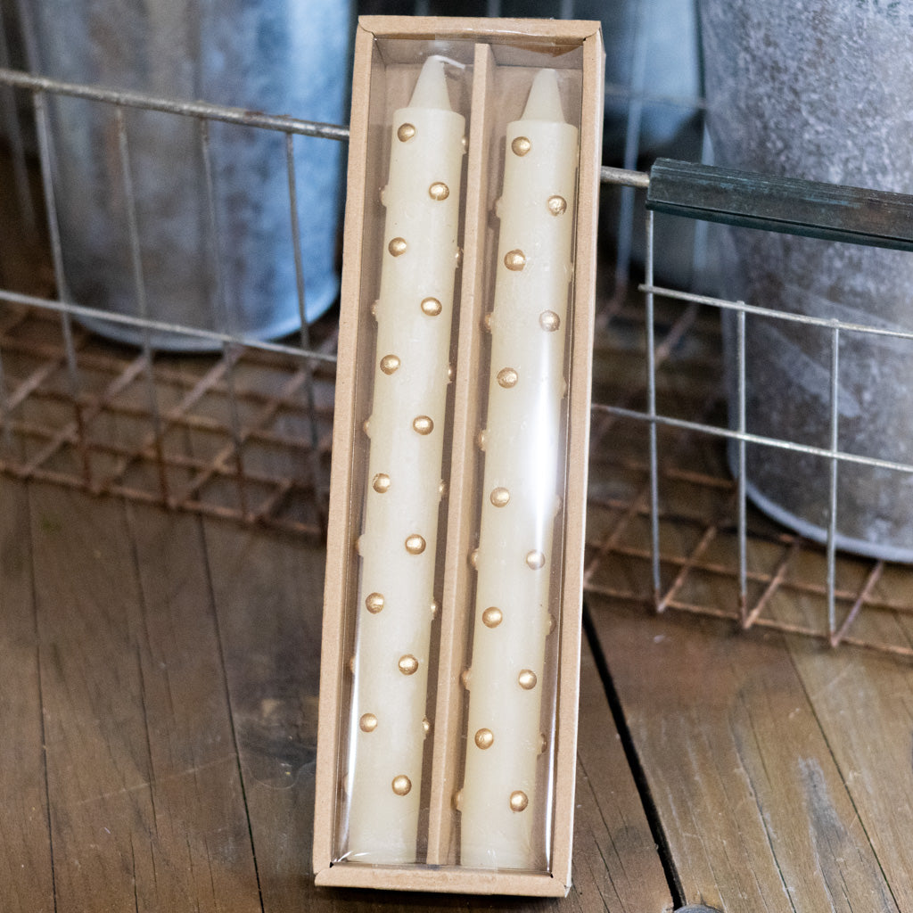Set of Two Cream with Gold Dot Taper Candle