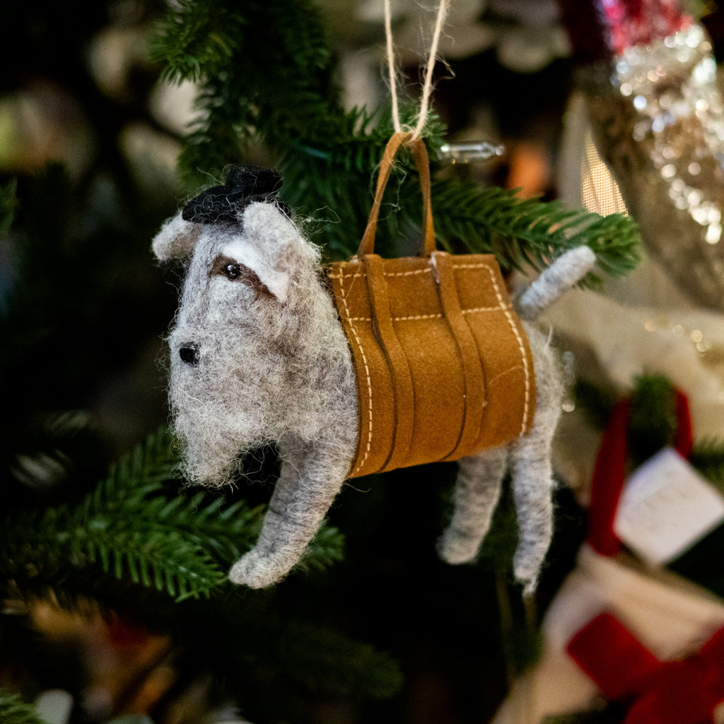 Felt Gray Dog in Jacket and Back Hat Ornament