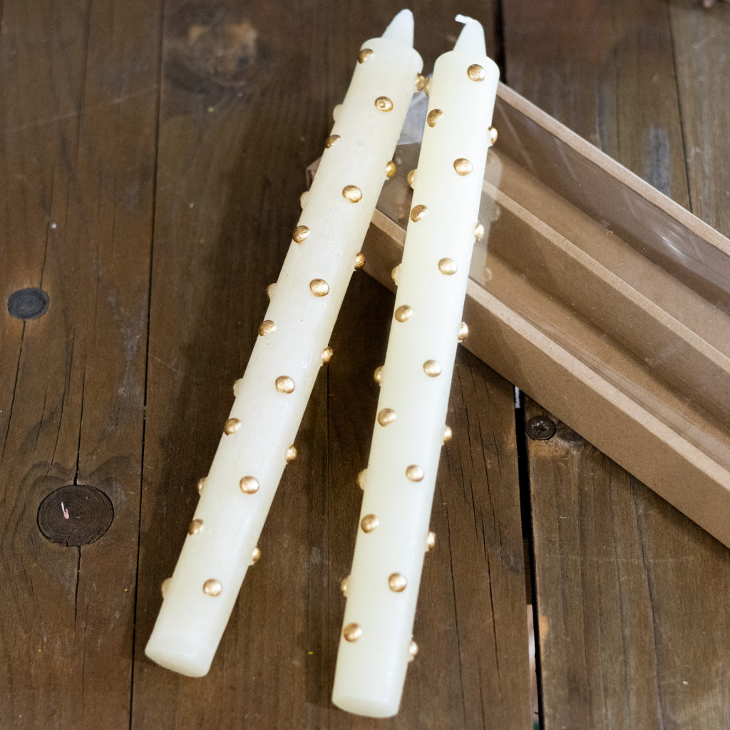 Set of Two Cream with Gold Dot Taper Candle