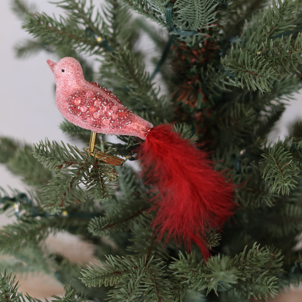 Glass Sequin Bird with Red Feather Tail