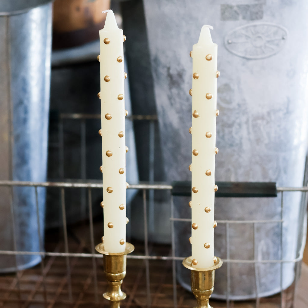 Set of Two Cream with Gold Dot Taper Candle