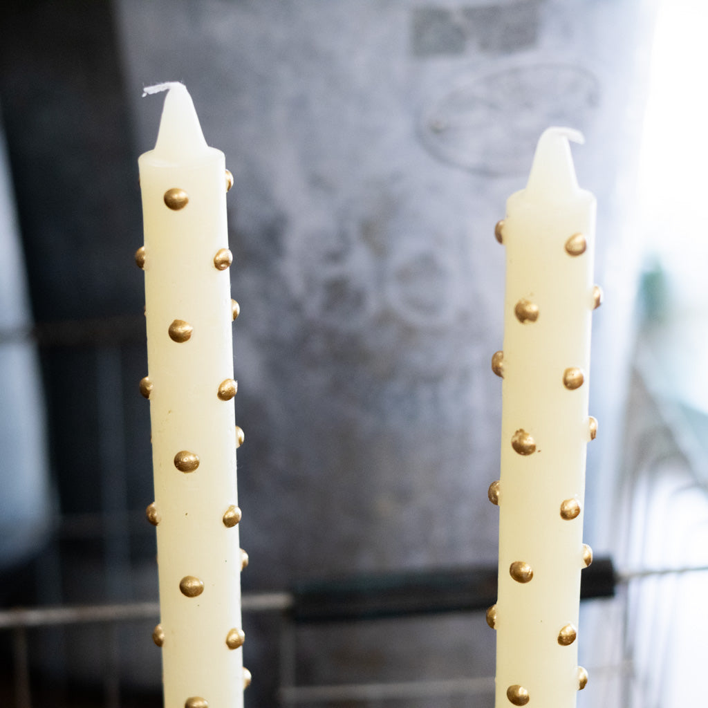 Set of Two Cream with Gold Dot Taper Candle