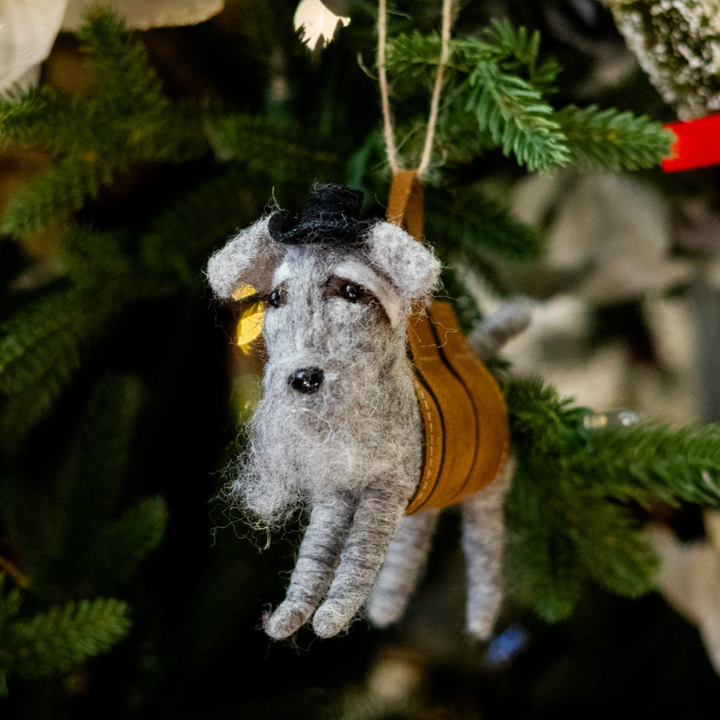 Felt Gray Dog in Jacket and Back Hat Ornament