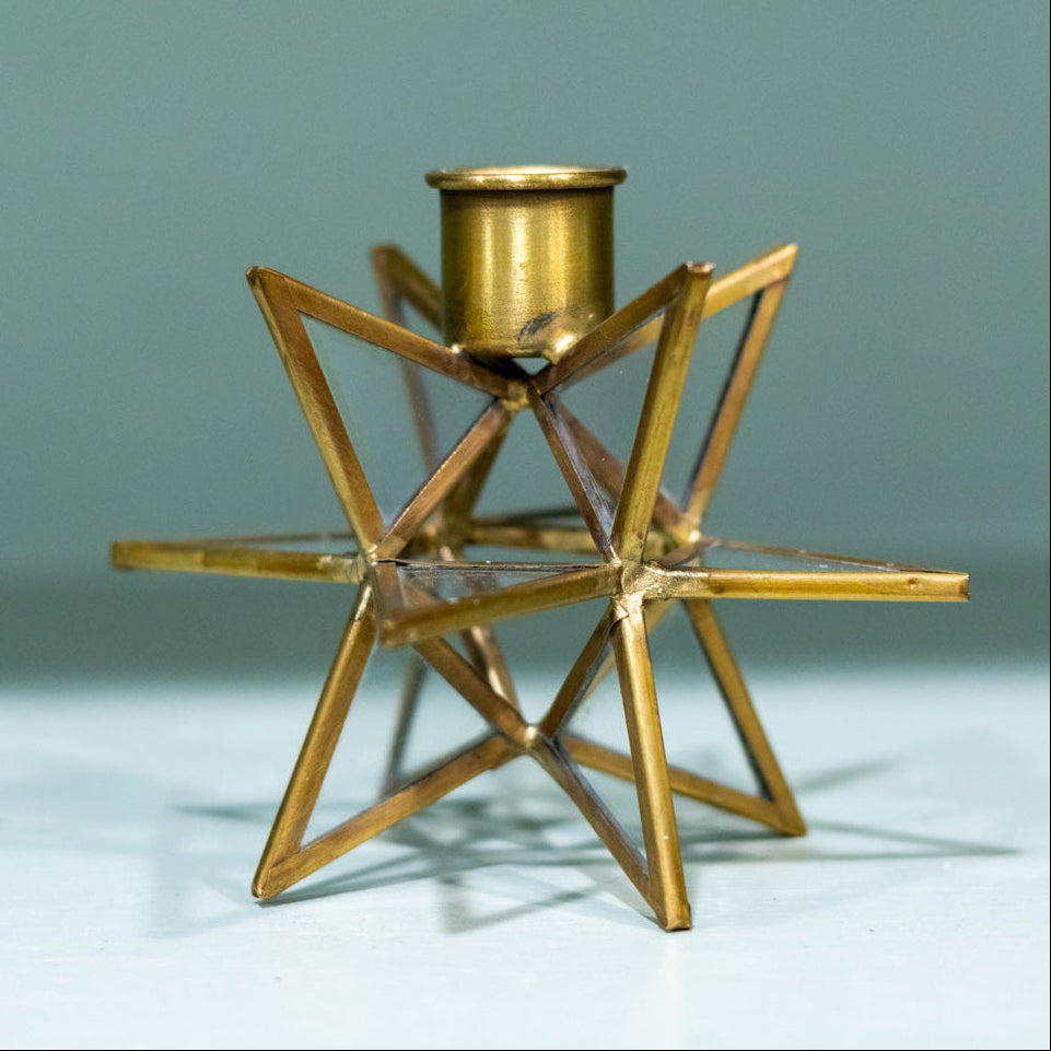 Short 3-Dimensional Gold Metal and Glass Star Taper Candleholder