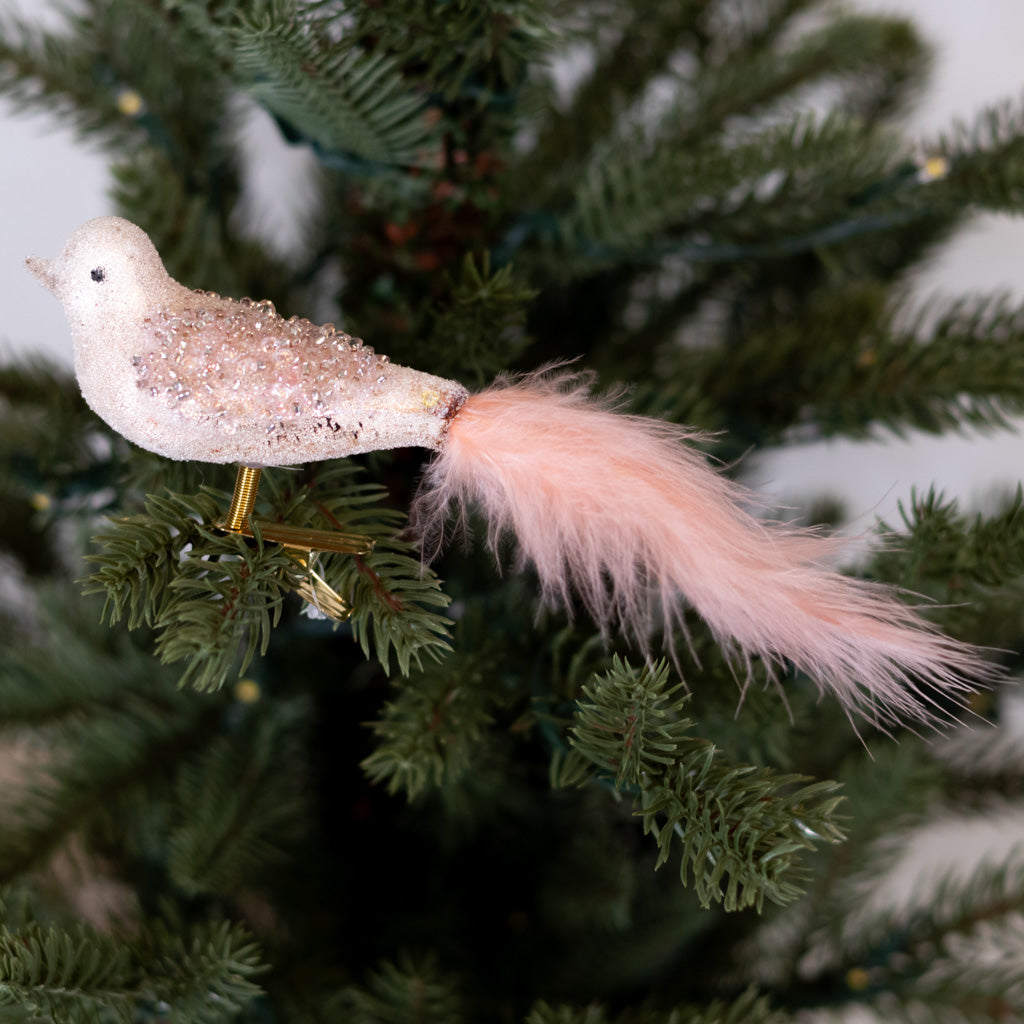 Glass Sequin Bird with Pink Feather Tail