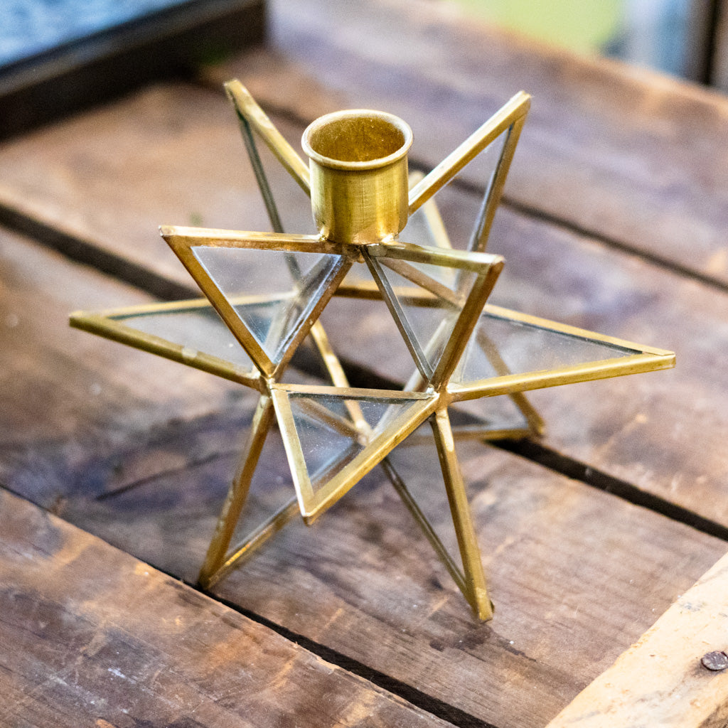 Tall 3-Dimensional Gold Metal and Glass Star Taper Candleholder