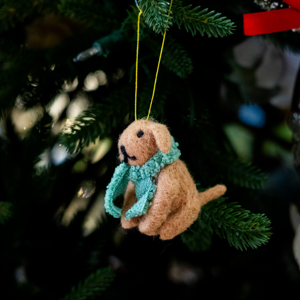 Felt Tan Dog with Green Scarf Ornament