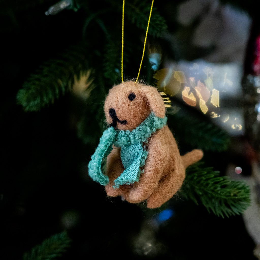 Felt Tan Dog with Green Scarf Ornament