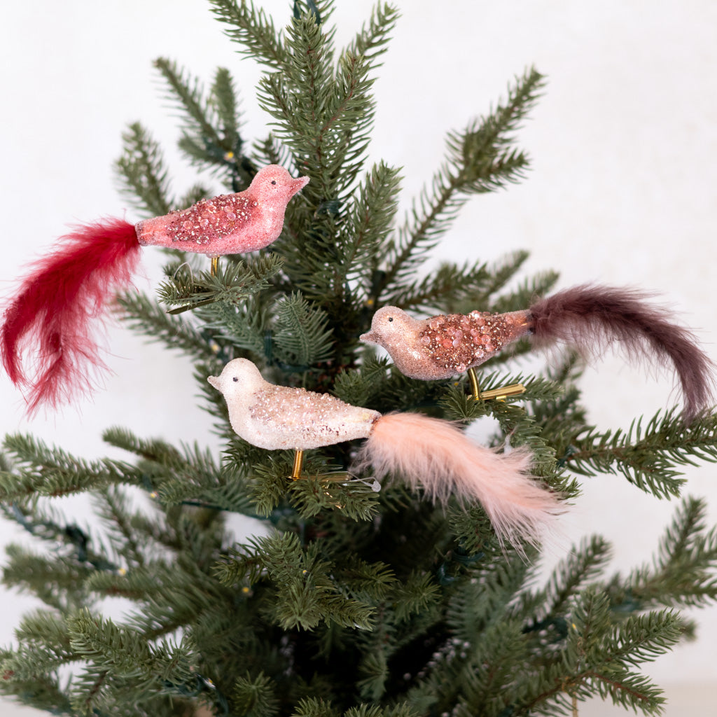 Glass Sequin Bird with Pink Feather Tail