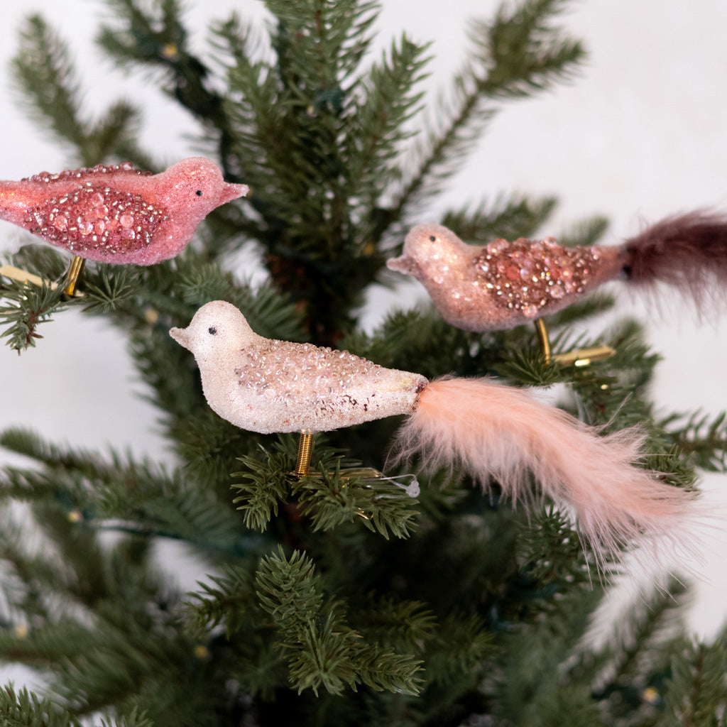Glass Sequin Bird with Pink Feather Tail