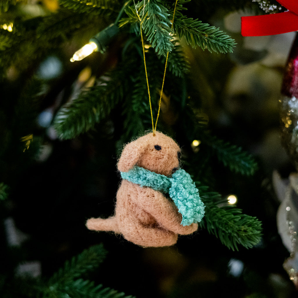 Felt Tan Dog with Green Scarf Ornament