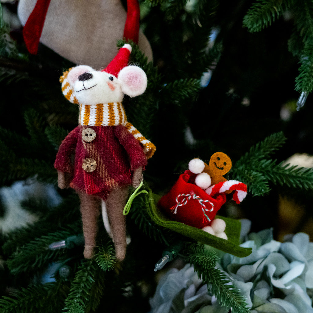 Felt Santa Mouse Pulling Toboggan and Gifts