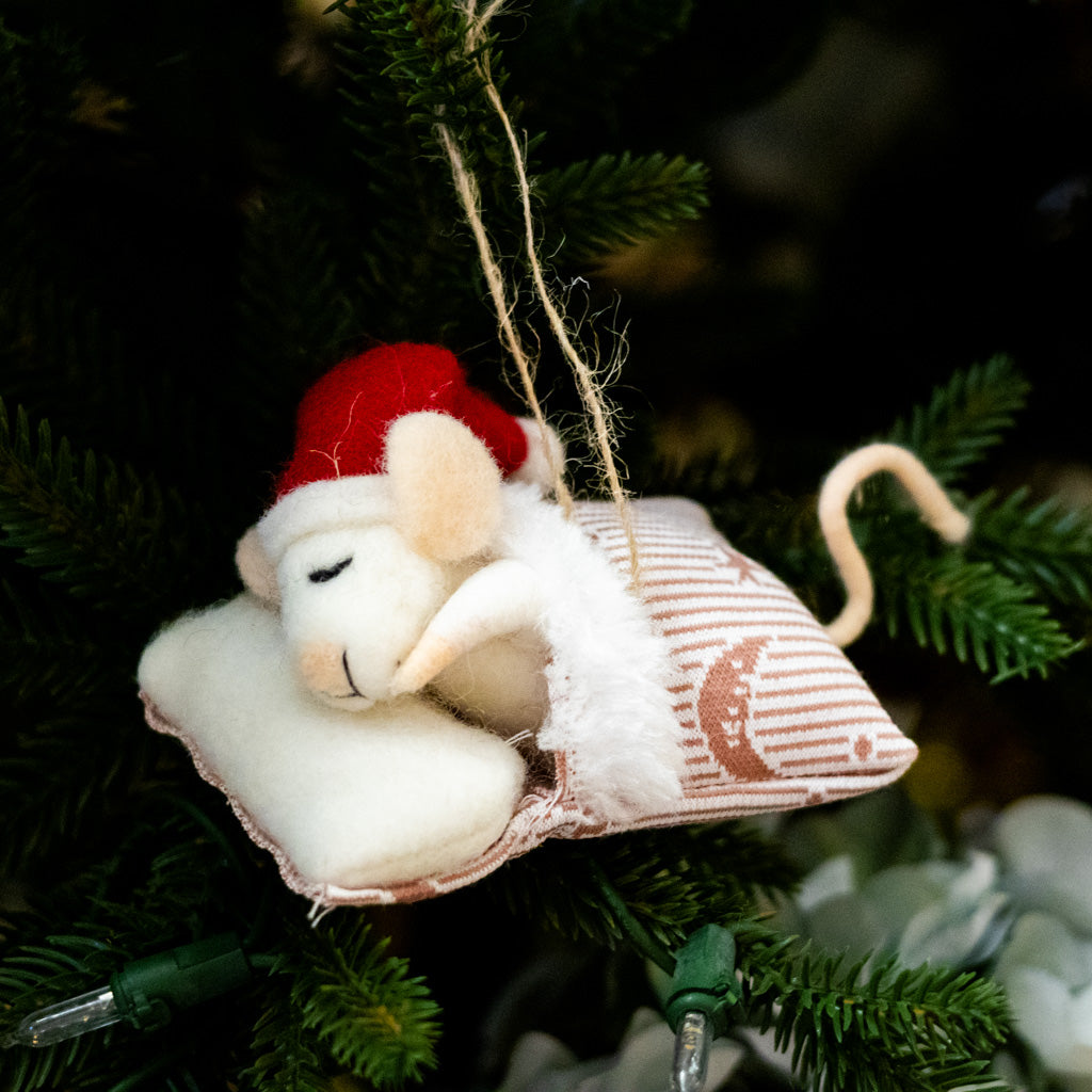 Felt Sleeping Baby Mouse with Santa Hat Ornament