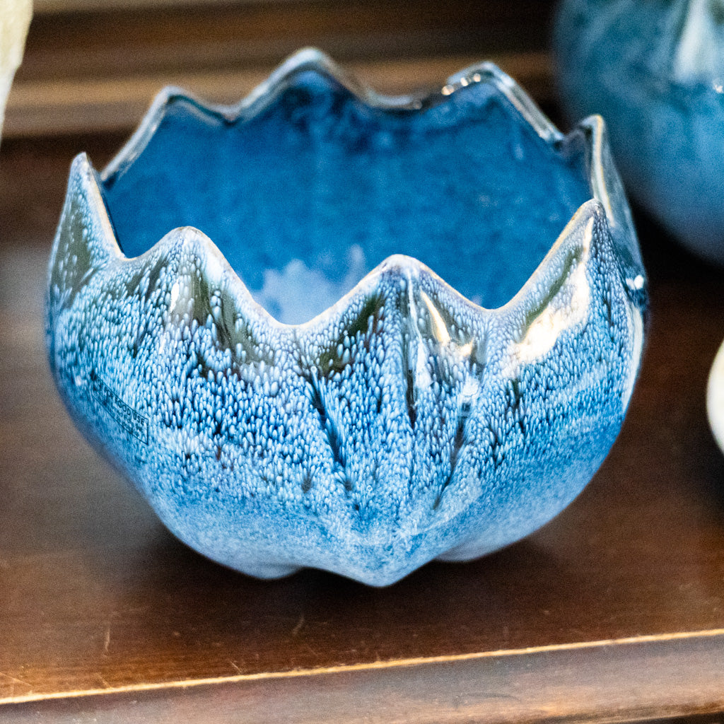 Stoneware Flower Blue Shaped Planter Reactive Glace