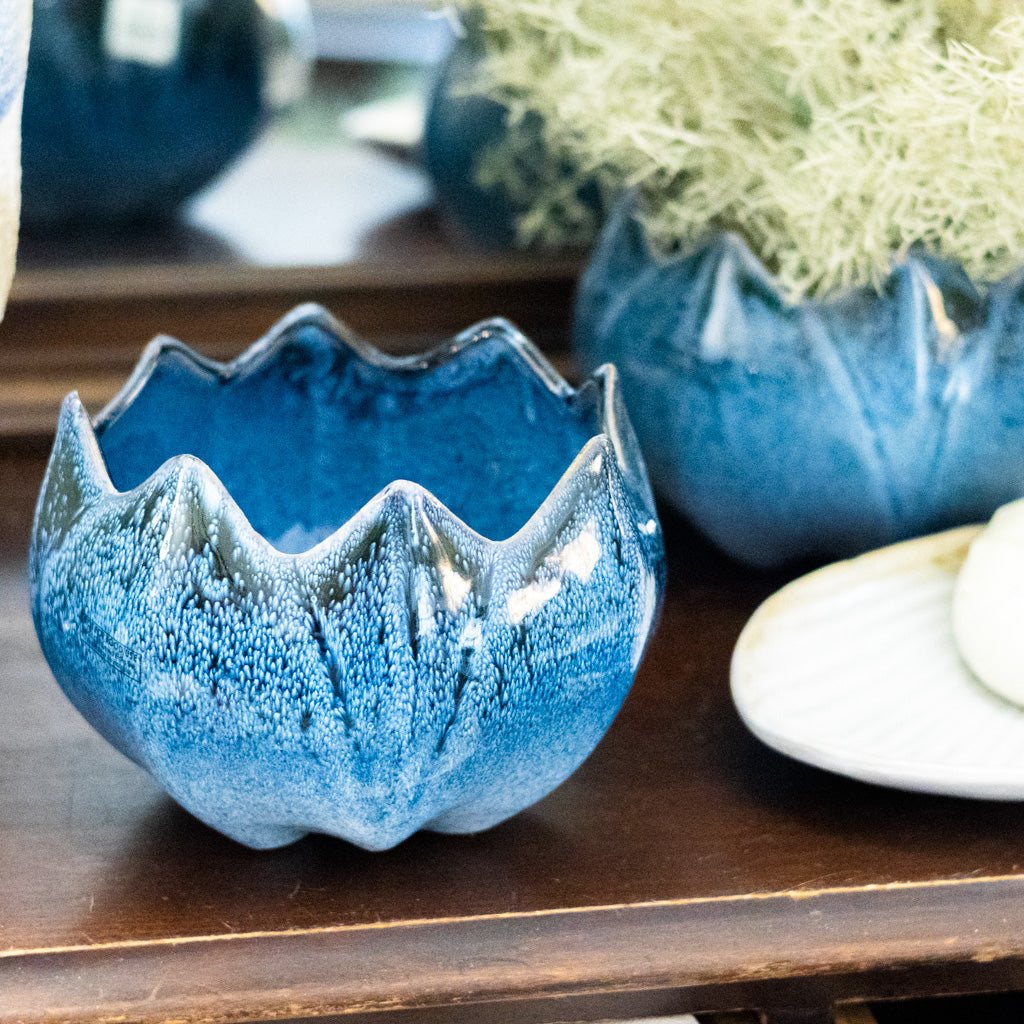 Stoneware Flower Blue Shaped Planter Reactive Glace