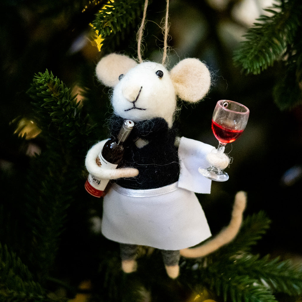 Felt Mouse Server with Wine Bottle and Glass Ornament