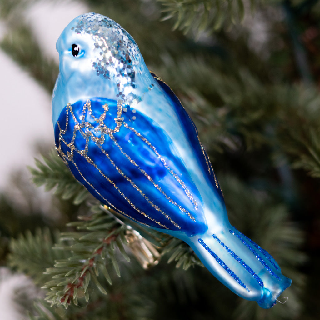 Glass Pale Blue Bird with Clip Ornament