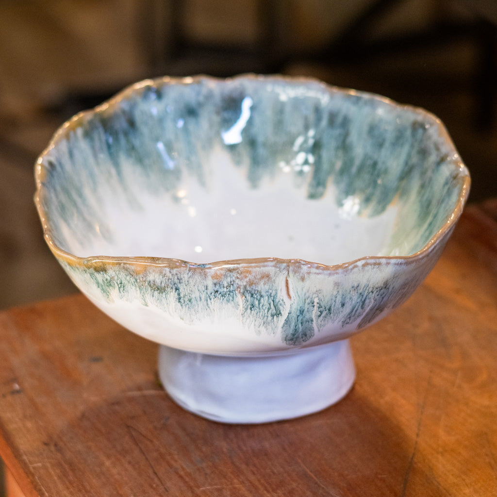 Stoneware Footed Green White Bowl Reactive Glaze