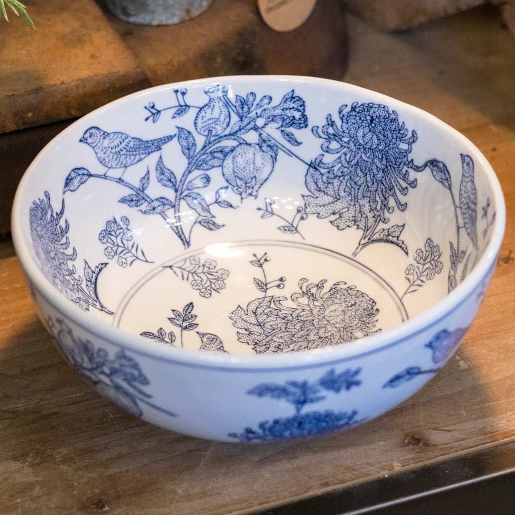 Stoneware Hand-Stamped Birds and Botanicals Bowl
