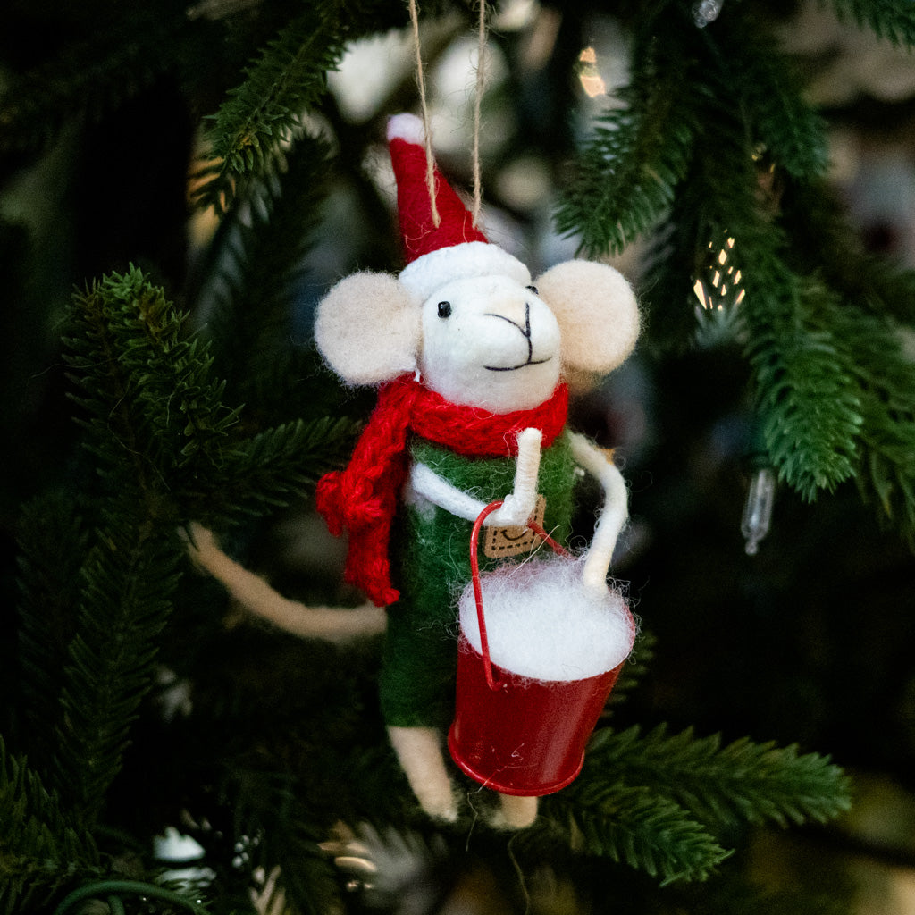 Felt Mouse with Bucket of Snow Ornament