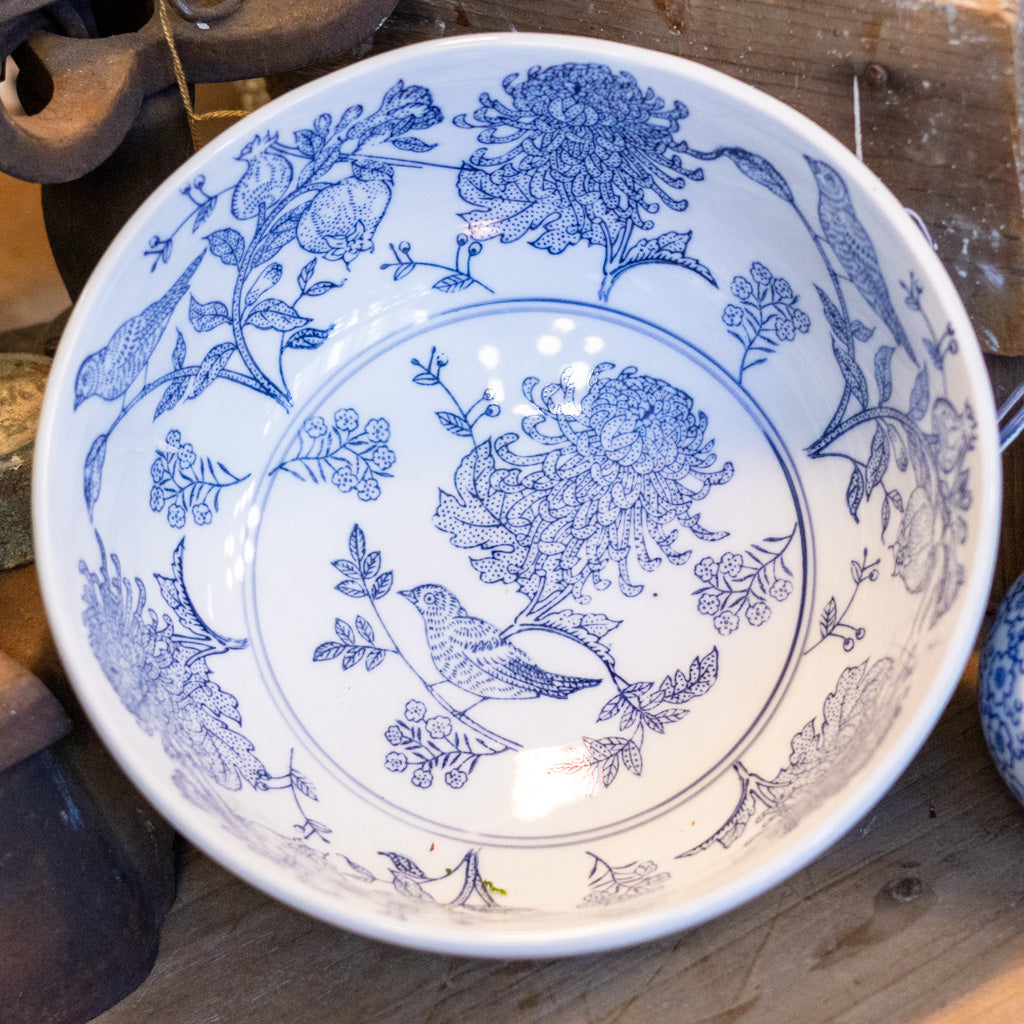 Stoneware Hand-Stamped Birds and Botanicals Bowl